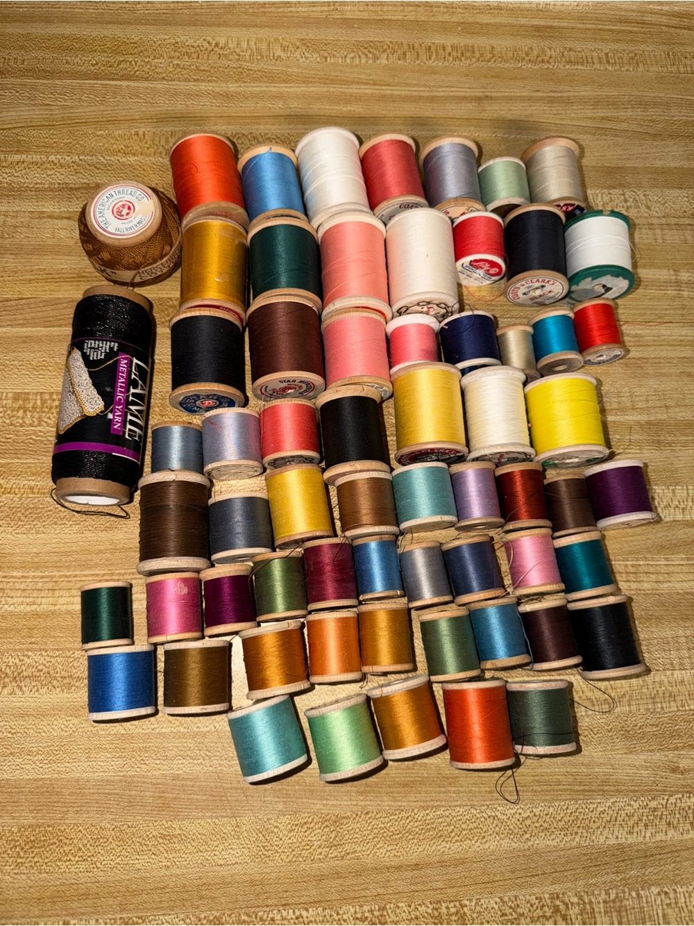 Vintage Wooden and Plastic Thread Spools - Multicolor Sewing Thread Lot of 64‎